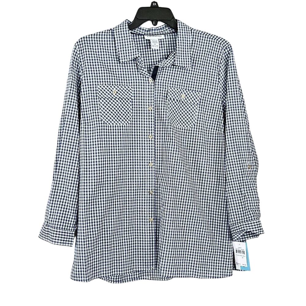 CD Daniels Plaid Check Button Front Shirt Roll Tab - Navy Blue - sz 2X - NWT